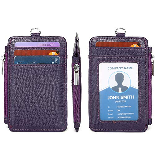 Leamekor Id Badge Holder With Neck Lanyard Pu Leather Id Badge Wallet Case With 1 Id Window, 4 Card Slots, 1 Side Zipper Pocket #TOP2