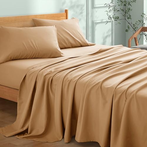 My Home Store Drap de lit plat en 100% coton égyptien 300 fils, qualité hôtelière (beige, super king size (275 x 310 cm))