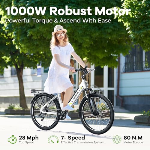 Image of Cybervelo 750W Peak Electric Bike for Adults,up 80 Miles Removable Battery Ebike, 26 inch Electric E Bike with 7-Speed,Adult Electric Bicycles for Commute Beach Snow Womens /Man All Terrain