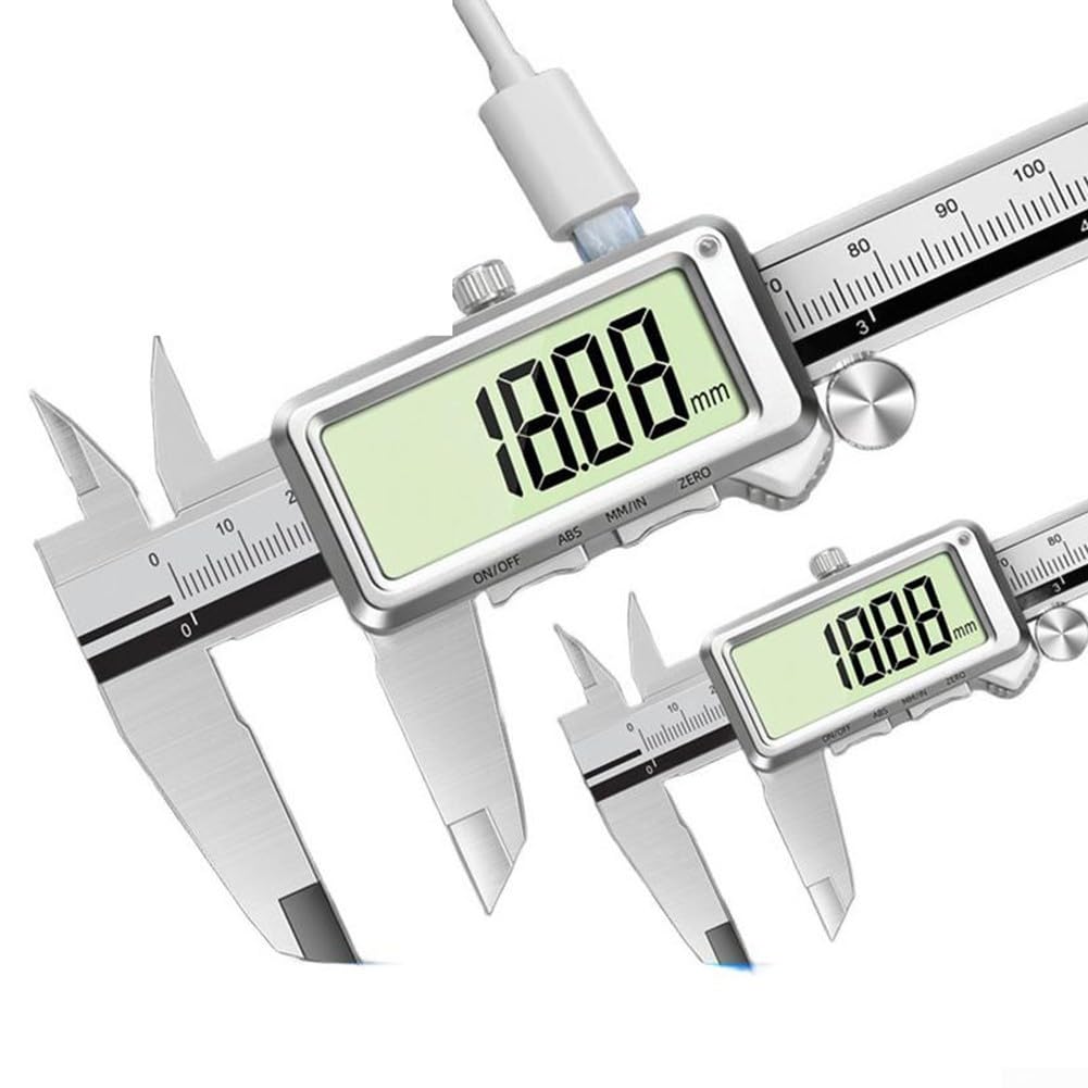 Wiederaufladbarer digitaler Messschieber, 0,01 mm Genauigkeit mit USB-C-Ladung, Edelstahl-Konstruktion für Industrie, Elektronik und Schmuck, 150/200/300 mm (200 mmB)