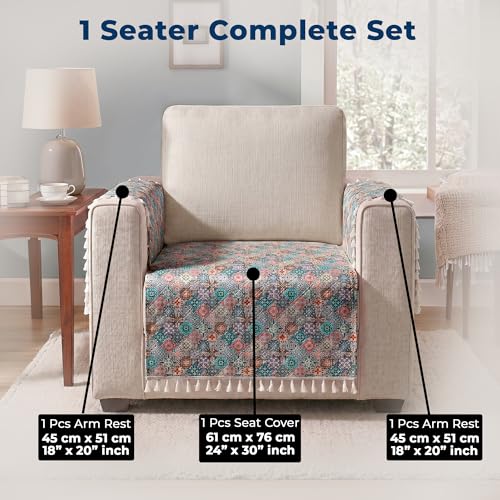 Image of Story@Home Quilted Anti Slip Sofa Cover Mat with 2 Armrest Cover, 1 Seater Velvet Sofa Protector with Tassels | Sofa Cover Mat for 1 /2 /3 Seater & L-Shape Sofa - 76 x 61 Cm - Multi Color