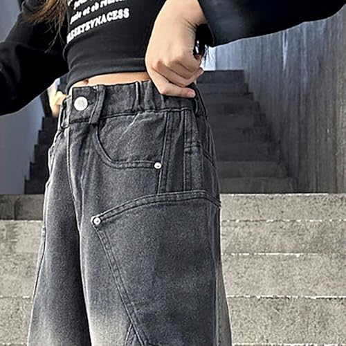 Teen Girls Cargo Jeans Baggy Wide Leg Floor Denim Pants High Waist Casual Streetwear Y2k Trousers with Pockets Straight4