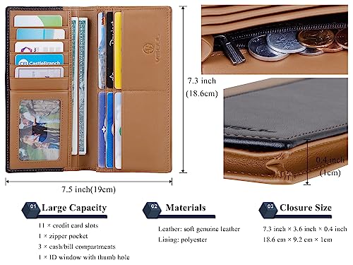 VISOUL Leather Long Checkbook Bi-fold Wallets with Zipper Pocket for Men and Women, RFID Blocking Tall Billfold Secretary Cash Wallet (Black and Brown)4
