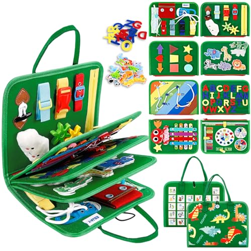 Image of Esjay Toddler Busy Board Montessori Toys, Sensory Board Educational Activities for Learning Fine Motor Skills, Gifts for Girls Boys Toddlers, Travel Toys for Airplane Car,Green Dinosaur