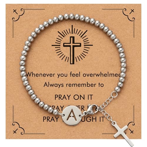 Image of Initial Cross Silvery Bracelets for Women Trendy, Initials Cross Charm Beaded Bracelet, Christian Gifts for Women, Baptism Confirmation Christmas Inspirational Gifts for Mom Daughter Friend Sister