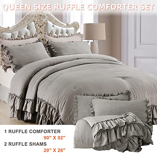 Image of QSH Shabby Grey Ruffled Chic Comforter Queen Size, Farmhouse Boho Bedding Comforter Sets, 3 Pieces All Season Microfiber Inner Fill Bedding, Ultra Soft Lightweight Comforter Queen for Bed