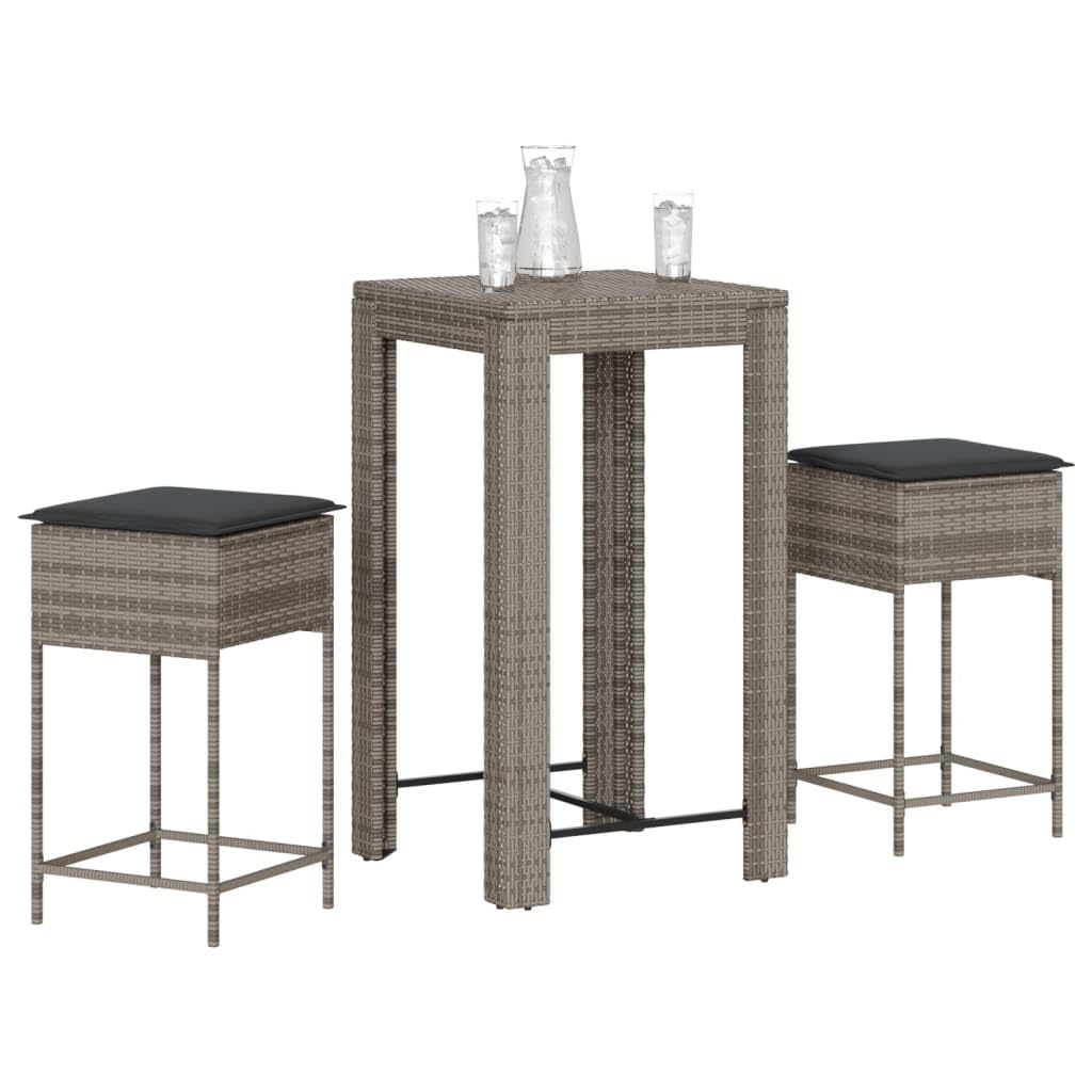vidaXL Juego de Bar de jardín de 3 Piezas con Cojines ratán PE Gris, Mesa Alta y taburetes de Exterior, Juego de Bar, Juego de Muebles