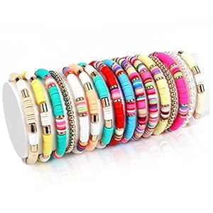 KINBOM 16st Preppy Armbanden, Regenboog Handgemaakte Armbanden Boho Schijf Armband Heishi Kralen Stretch Armband voor Vrouwen Zomer Strand Sieraden