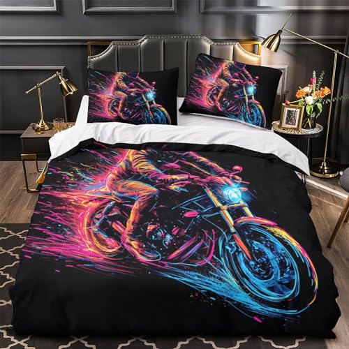 Housse de couette moto 3D 200x200cm en microfibre avec 2 taies d'oreiller pour lit double