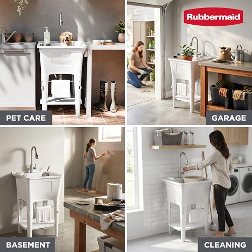 Image of Rubbermaid Utility Sink Laundry Tub, Freestanding All-in-One Sink with Premium Stainless Steel Sprayer Faucet, for Laundry Room, Basement, Garage, 24.1 inch L x 24.1 inch W x 52.5 inch H, White
