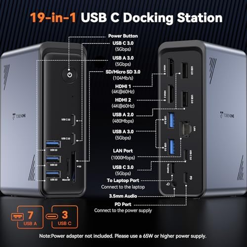 TobenONE 19-in-1 Laptop Docking Station Dual Monitor,10 USB C/A,2ร4K HDMI - 1