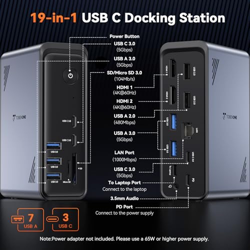 Image of TobenONE 19-in-1 Laptop Docking Station Dual Monitor,10 USB C /A,2x4K HDMI | Docking Station with Ethernet,PD 3.0, for Office & Home Multi-Screen Users, Fits Windows /HP /Dell Laptops (No Power Adapter)