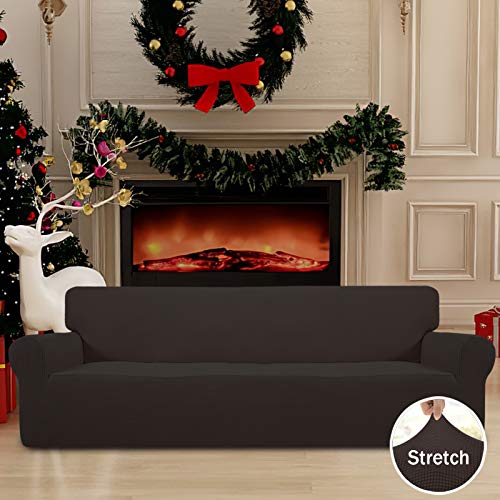 Image of Easy-Going Stretch 4 Seater Sofa Slipcover 1-Piece Sofa Cover Furniture Protector Couch Soft with Elastic Bottom for Kids, Polyester Spandex Jacquard Fabric Small Checks Chocolate