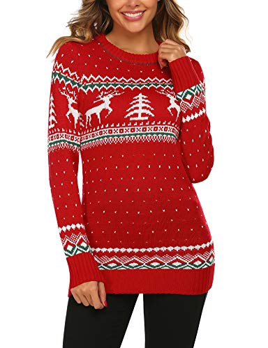 UNibelle Women's Ugly Christmas Sweater Christmas Tree Reindeer Pullover Jumper,S-XXL Red
