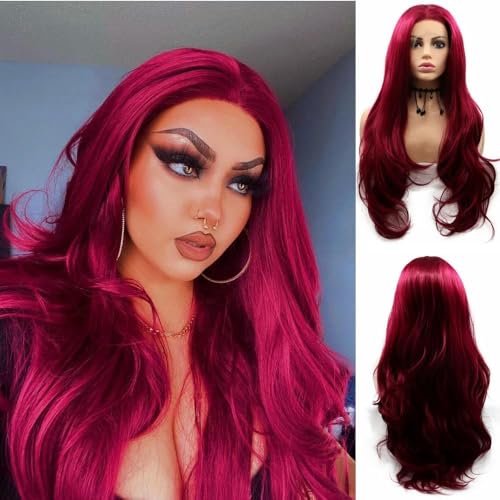 xiweiya 99j Red Lace Front Wig Long Wavy Burgundy Synthetic 13x4 Lace Front Wigs Heat Resistant Wig Natural Hairline Glueless Wig Red Colorful Wigs Mermaid Drag Queen Halloween Cosplay Wig 24"