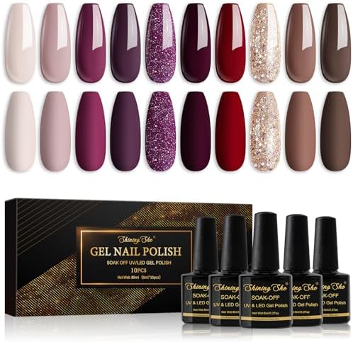 Shining She Glitter Gel Nail Polish, 10 Colours Sliver Black Gold White Sparkly Nail Polish Soak-Off UV/LED Lamp Nail Polish Gel Gift for Women Nail Art Salon DIY Home, 8ML