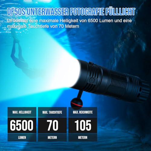 TrustFire DF50S Tauchlampe, 6500 Lumen LED Tauchen Taschenlamp 70M Unterwasser Foto Füllbeleuchtung Weiß+UV+Rot Licht für Video Fotografie Professionelle Unterwasser Videolicht