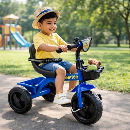 Image of Smart & Safe Kids Tricycle with EVA Wheels, Storage Basket & Seat Belt | Kiddo 3-Wheel Tricycle Cycle for Toddlers Age 3-5 Years | Red Baby Tricycle for Boys & Girls (Blue)