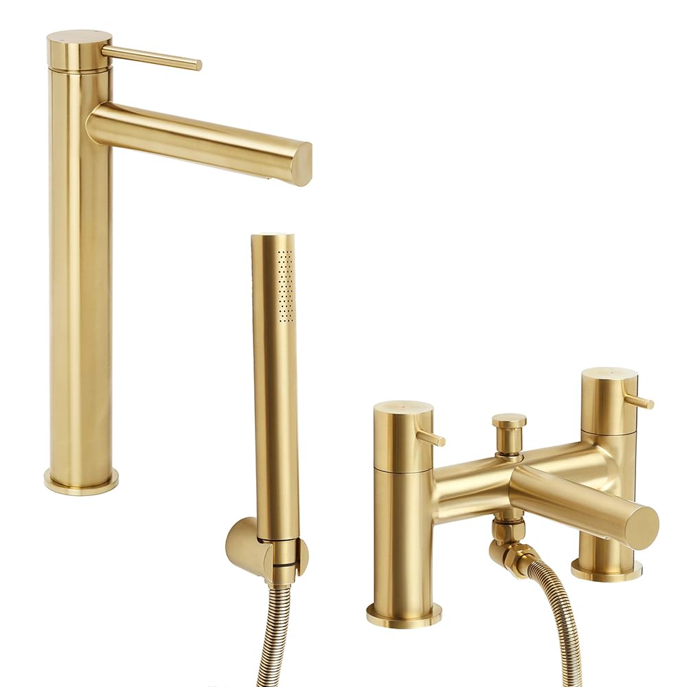 Milano Brushed Brass Otto High Rise Mono Bathroom Basin Mixer Tap Bath Tap Hand Shower