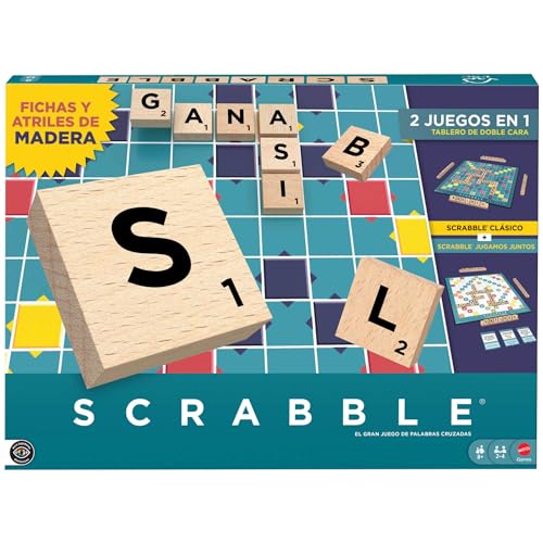 Mattel Games Scrabble Juego de Mesa, clásico Juego de Palabras Familiar con fichas de Letras y atriles de Madera, Dos Opciones de Juego, edición en español, JGR64