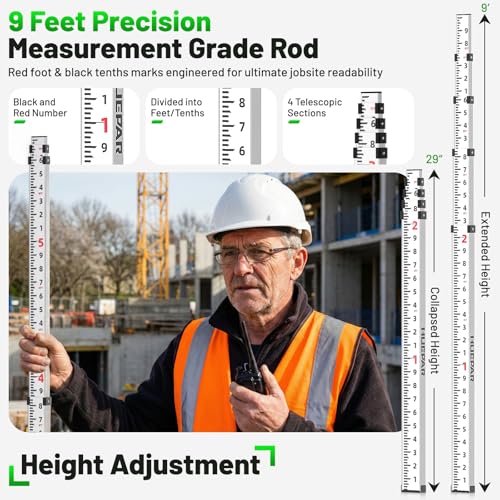 Image of Huepar 9 - Foot Aluminium Grade Rod -10ths 4 Telescopic Sections with Bubble Level - Waterproof Soft Carrying Bag Included GR3