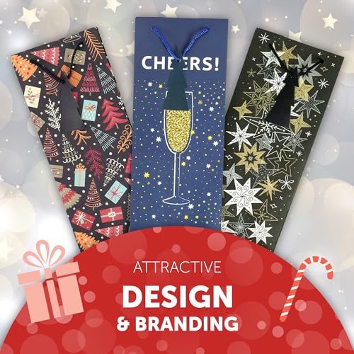 Kraft & Co. 3 Pack Christmas Wine Bottle Gift Bags, 200gsm Kraft Paper with Rope Handles, Eco-Friendly Recyclable Holiday Packaging, Fits Standard Wine Bottles, Sparkle - Image 6