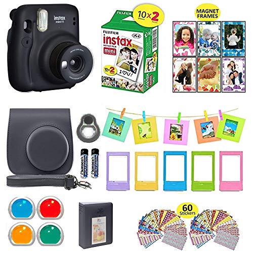 Fujifilm Instax Mini 11 Instant Camera Charcoal Gray + Shutter Carrying Case + Fuji Film Value Pack (20 Sheets) + Shutter Accessories Bundle, Color Filters, Photo Album, Assorted Frames