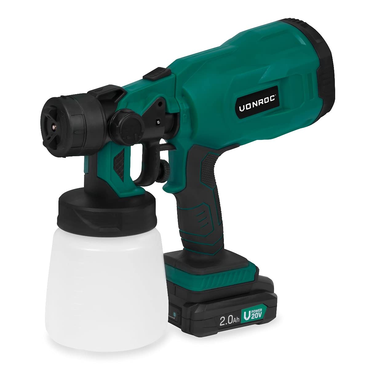 VONROC Akumulator pistolet lakierniczy – VPower 20 V – pojemność 800 ml – w zestawie: 1 x akumulator 2,0 Ah i 1 x ładowarka do szybkiego ładowania i akcesoria