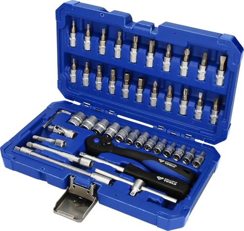 BRILLIANT TOOLS Coffret de Douilles et Cliquets ¼ - 46 Pièces BT020046 - Cliquet et 13 Douilles Hexagonales - Embouts Set de Clé et Accessoires - en Acier...