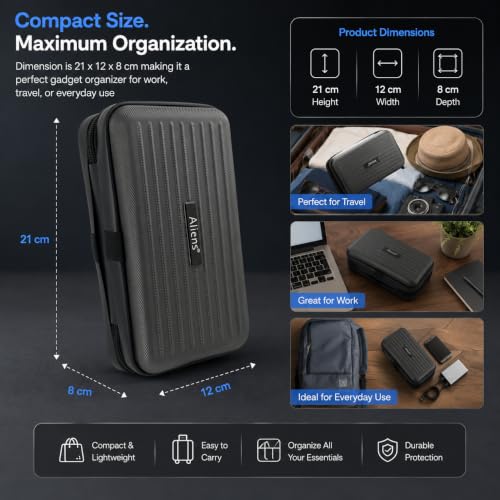 Image of Aliens Travel Gadget Organiser Case Bag, Hardshell ABS Material, Shockproof, Water-Resistant Travel Storage Pouch for HDD /SSD, Gadget Organiser, Cable, Charger, Smartphone, airpods, Power Bank-Grey