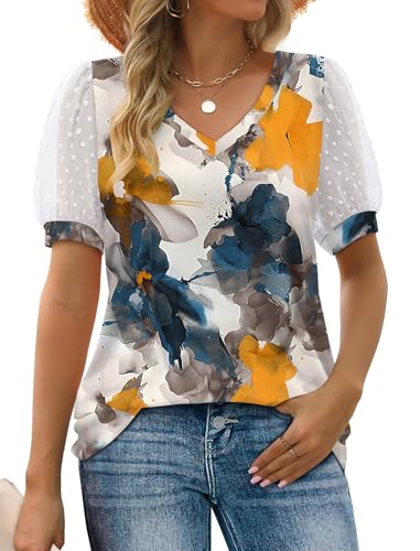 Image of Aokosor Womens Summer Tops V Neck T Shirts Swiss Dot Puff Sleeve Tops Loose Casual Tshirts