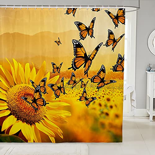 Cortinas de ducha con diseño de girasoles, color amarillo, campos de girasoles, cortinas de baño impermeables con 12 ganchos para bañera, 72 cm de ancho x 72 cm de largo