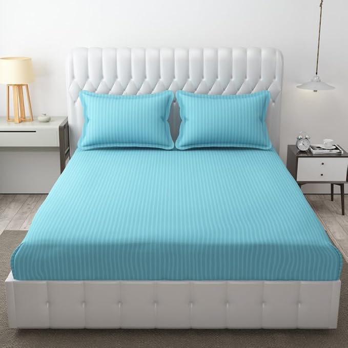 Image of DECOR2ADMIRE 300 TC Premium Glace Cotton All Round Elastic Fitted Plain Stripe Pastel Shades Queen Size Bedsheet with 2 Pillow Covers (Aqua Blue, Queen 90 inch x 100 inch)