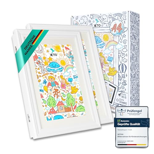 XETO Bilderrahmen für Kinderzeichnungen A4-2 Stück | Aufklappbar zum sammeln und Präsentieren von Kinder Kunstwerken, Schulprojekten, Urkunden und mehr (Weiß - 2er Set)