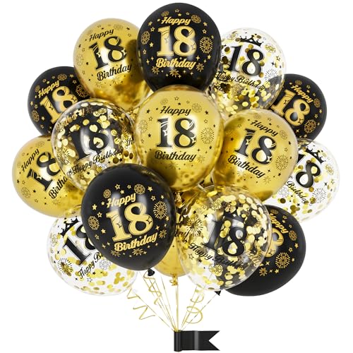Ousuga 15 Pcs Black Gold 18th Birthday Balloons with Happy Birthday Latex Confetti for Boys Girls Men Women