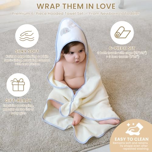 Image of Softan Baby Hooded Towels and Washcloths Set 6 Pack, 28x28 Ultra Soft & Absorbent Baby Bath Towels for Newborn Infant Toddler, Unisex Boys Girls (Green Elephant)