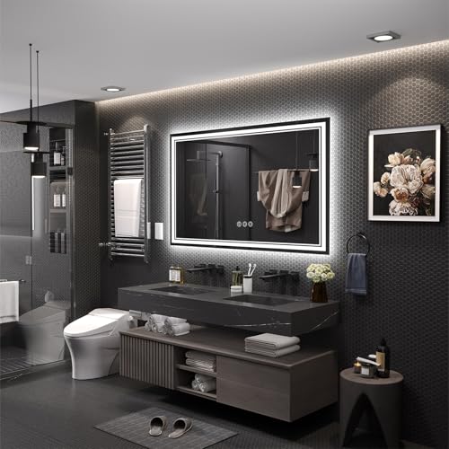 Image of Ratsamee 60x36 Inch LED Bathroom Mirror with with Frontlit & Backlit, Lighted Mirror for Bathroom Wall with 3-Color Dimmable & Anti-Fog, Vanity Mirror with Lights