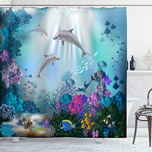 OCEUMACO Tenda Doccia Antimuffa Delfini Elegante Tende Doccia Angolare Tessuto Poliestere Impermeabile 180x200 cm Vasca Bagno Design Sotto Mare Blu Stoffa Lunga Lavabile Lavatrice con Anelli