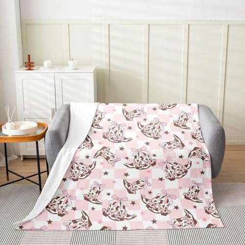 Cowgirl Boots Flannel Blanket,Western Cowboy Rustic Brown Cowhide Starry Bed Blanket for Home Decor,Princess Pink Bowknots Checker Plaids Blanket for Kids Adults Sofa Couch,Baby 30"x40"