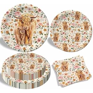 Highland Cow Party Plates Napkins, Boho Floral Highland Cow Baby Shower Decorations for 24 Guests, Disposable Tableware for Farmhouse Theme Birthday Party Supplies Highland Cow Party Plates Napkins Boho Floral Highland Cow Baby Shower Decorations for 24 Guests Disposable Tableware for Farmhouse Theme Birthday Party Supplies