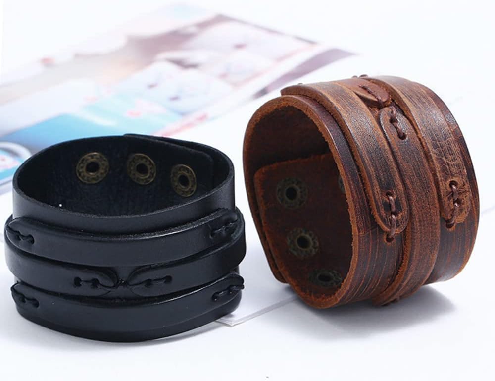 NIGHTCRUZ Punk Leather Cuff Bracelet, 2PCS Vintage Leather Wristband for Men Women - Image 3