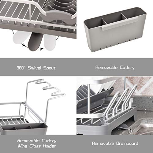 Dish Drying Rack Over The Sink, Aluminum Dish Draining Set with Drainboard, Removable Compact Utensil Holder Set, Cutlery Holder, Stemware Holder, Non-Slip Cup Holders for Kitchen