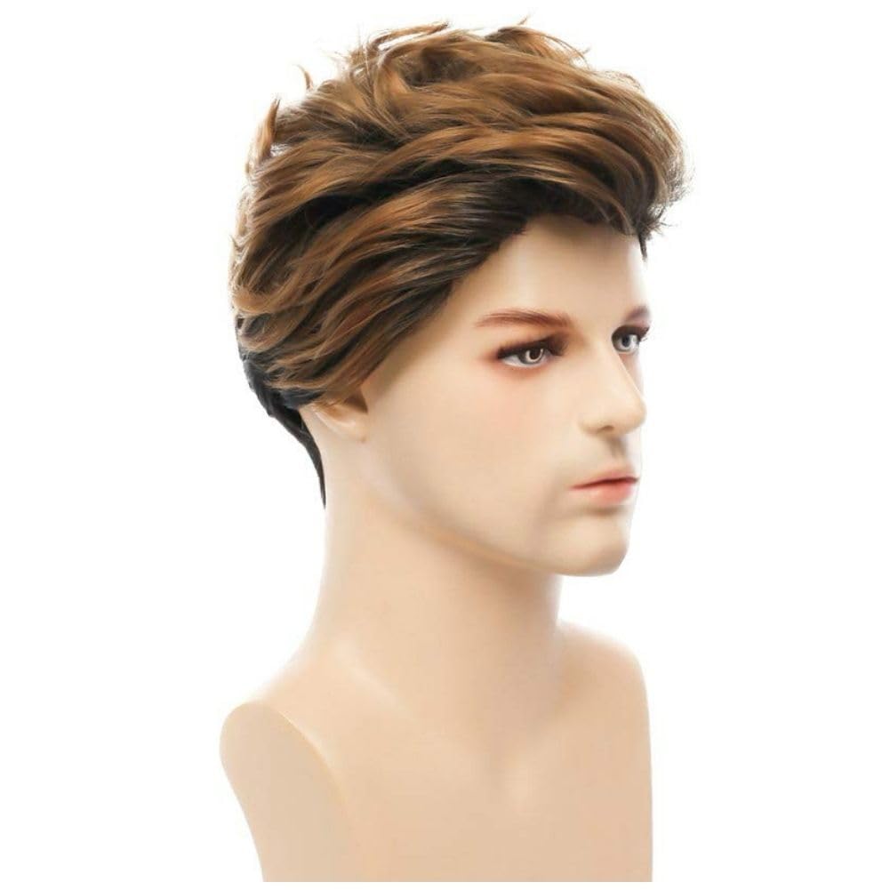 Siudus Mens Brown Short Wig Said Part Natural Layered Hair Wig Fluffy Heat Resistant Synthetic for Daily Use - Image 2