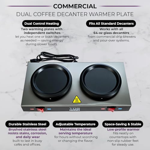 Dual Coffee Decanter Warmer Plate – 2-Burner Electric Coffee Warmer for Commercial Use – Stainless Steel Coffee Pot Warmer Plate – Keeps Coffee Warm for Offices, Cafes, Restaurants & Events TQS CAFE