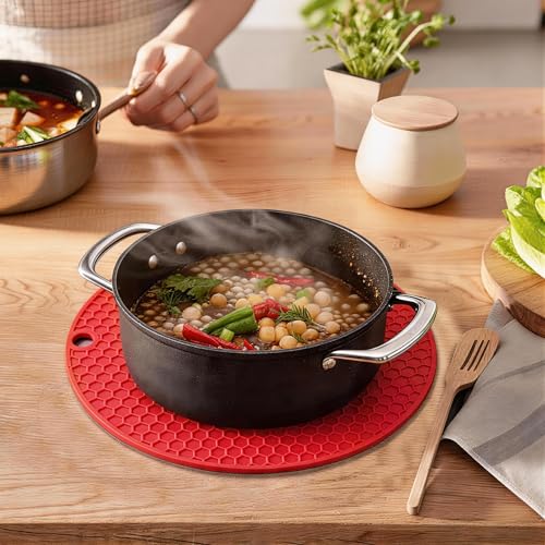 Image of Silicone Trivet Mats,Heat Resistant Pot Holders, Multipurpose Non-Slip Hot Pads for Kitchen Potholders, Hot Dishers, Jar Opener, Spoon Holder, Food Grade Silicone(red Size Round 7''x7'')
