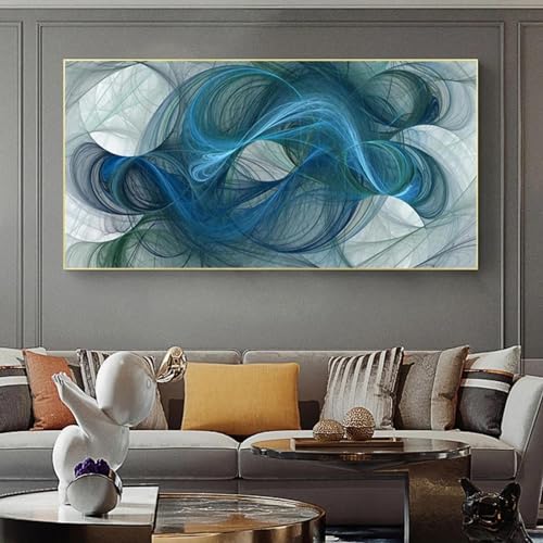 Art mural abstrait bleu bohème 55x110 cm tableau moderne encadré