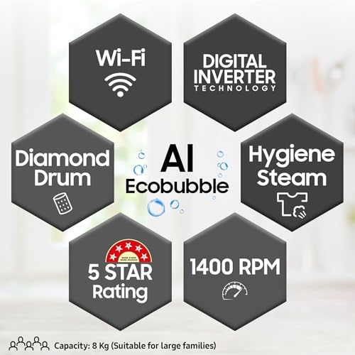 Image of Samsung 8 kg, 5 star, Eco Bubble Technology, AI Control, Wi-Fi, Fully-Automatic Front Load Washing Machine (WW80T504DAB1TL, Hygiene Steam, Black Caviar, Awarded as Washing Machine Brand of the year)