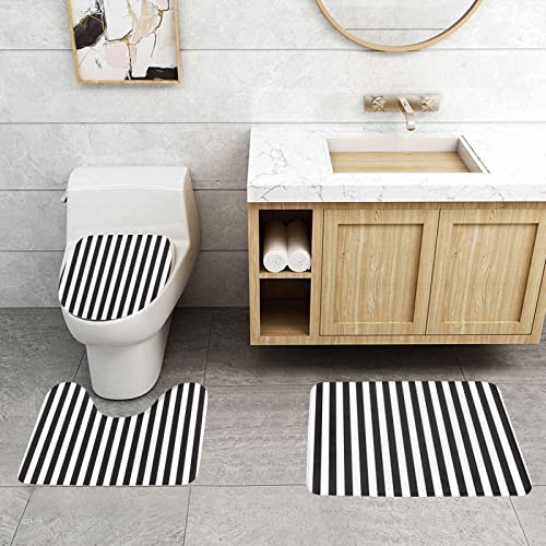 DEPILA Badezimmer 3-teiliges Badezimmerteppich-Set Schwarz-Weiß-Streifendruck 3-teiliges Badezimmerteppich-Set Badematte + Kontur + Toilettendeckelbezug Badezimmer-Antirutsch-Pad Sets – Bild 3