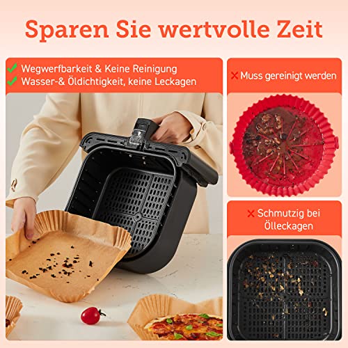 Cosori Backpapier für Heißluftfritteuse XXL 4-7,3 L, 100 Stück 20 cm, ungebleichtes Airfryer zubehör, antihaftbeschichtete Einwegschalen, Pergamentpapier, kompatibel mit gängigen Heißluftfritteusen – Bild 4
