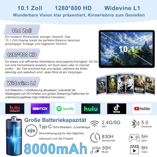 fezawio 10,1 Zoll Android 15 Gaming Tablet Gemini AI 30GB RAM +128GB ROM, Octa-Core 8000mAh, WiFi6, Widevine L1, GMS, 3.5mm Audio, GPS, Face ID mit Tastatur, Maus und Schutzhülle, Grau 4